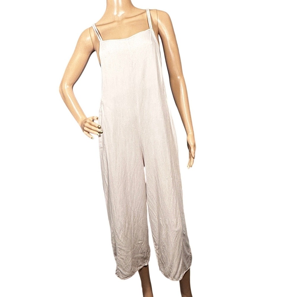 Pull&Bear Jumpsuit Women Size Medium Beige Linen Blend Wide Leg Relaxed Boho